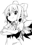  bow cirno crossed_arms dress hair_bow kannazuki_hato looking_at_viewer looking_down monochrome pointy_ears short_hair simple_background smile solo sparkle touhou wings 
