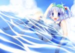  blue_eyes blue_hair cloud clouds goggles hair_bobbles hair_ornament innertube kawashiro_nitori no_hat no_headwear one-piece_swimsuit open_mouth school_swimsuit short_hair sky smile solo swimsuit touhou twintails water 