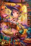  black_hair book bookshelf braid candle collar desk elbow_gloves flame gem gloves hat highres holding hourglass looking_at_viewer midriff moemi_tobi mound_of_venus navel open_book original quill red_eyes scale short_hair single_braid smile solo stairs vial 