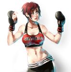  ayane_ninja bandaid boxing_gloves breasts cleavage clothes_writing contrapposto dead_or_alive dead_or_alive_5 fingerless_gloves freckles gloves large_breasts midriff mila_(dead_or_alive) mila_(doa) mixed_martial_arts muscle navel red_eyes red_hair redhead short_hair shorts slender_waist solo sports_bra 