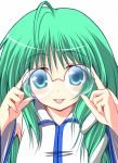  ahoge bespectacled blue_eyes bust detached_sleeves glasses green_hair kochiya_sanae nirap red-framed_glasses smile solo tongue tongue_out touhou 