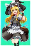  animal_ears apron blonde_hair braid collar dog_ears dog_tail hair_ribbon hand_on_hat hat hat_ribbon highres jumping kemonomimi_mode kirisame_marisa long_hair open_mouth ribbon ruchi shirt skirt skirt_set smile solo tail touhou vest waist_apron witch_hat wrist_cuffs wrist_ribbon yellow_eyes 