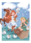  blonde_hair chicken closed_eyes dancing epona eyes_closed feathers flower flower_wreath head_wreath horse instrument link malon ocarina ocarina_of_time playing_instrument pointy_ears red_hair redhead sagawa_yumeko sword the_legend_of_zelda weapon 