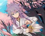  amemiya_taiyou blue_eyes cherry_blossoms enoki_nai fusion inazuma_eleven inazuma_eleven_(series) inazuma_eleven_go japanese_clothes long_hair male purple_hair tree zhuge_kongming_(inazuma_eleven) 