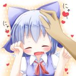  blue_dress blue_hair blush bow cirno closed_eyes dress eyes_closed fang hair_bow hand_on_head heart highres makuran open_mouth paw_pose petting puffy_sleeves shirt short_hair short_sleeves smile solo touhou wings 