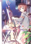  :o book bookshelf brown_hair cat holding hoodie kinoshita_neko oekaki_musume original paint paint_bucket paintbrush painting_(object) paw_print red_eyes short_hair sleeping solo sunlight 