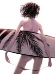  back bikini copyright_request from_behind monochrome sawasawa short_hair simple_background solo surfboard swimsuit topless white_background 