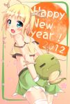  2012 :d ahoge bare_shoulders blonde_hair blue_eyes blush dragon dragon_girl dragon_horns fang horns irie_sekine looking_at_viewer midriff new_year open_mouth original short_hair skirt smile solo tank_top thigh-highs thighhighs 