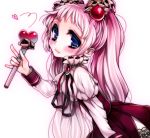  :3 blue_eyes blush dress hair_ornament heart holding long_hair looking_at_viewer original patatata pink_hair ribbon simple_background solo wand white_background 