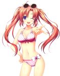  ;d absurdres alpha_(artist) bikini blush breasts cleavage collarbone copyright_request hand_on_hip highres long_hair navel open_mouth orange_hair outstretched_arm print_bikini purple_eyes scan simple_background smile solo star_print striped striped_bikini striped_swimsuit sunglasses sunglasses_on_head swimsuit twintails violet_eyes white_background wink 