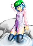  alternate_costume black_legwear blue_hair blush green_eyes hair_bobbles hair_ornament hat kawashiro_nitori ku-ba long_sleeves one-piece_swimsuit school_swimsuit see-through short_hair smile solo swimsuit swimsuit_under_clothes thigh-highs thighhighs touhou twintails water 
