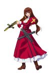  boots brown_eyes brown_hair cross cross-laced_footwear cross_necklace dress dual_wielding erica_fontaine gun lace-up_boots long_hair low-tied_long_hair official_art project_x_zone red_dress sakura_taisen sakura_taisen_iii sega smile solo submachine_gun trigger_discipline twintails weapon 