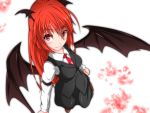  arm_garter bat_wings blush breasts cross dress_shirt eyelashes from_above head_wings highres koakuma long_hair long_sleeves looking_at_viewer necktie red_eyes red_hair redhead s-ghost shirt shoes skirt skirt_set smile solo touhou very_long_hair vest white_shirt wings 
