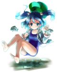  barefoot bloom blue_eyes blue_hair feet fish hair_bobbles hair_ornament hat hat_removed headwear_removed kannazuki_hato kawashiro_nitori rock school_swimsuit simple_background smile soles solo swimsuit swimsuit_under_clothes toes touhou twintails two_side_up 