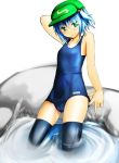  alternate_costume black_legwear blue_hair collarbone green_eyes hair_bobbles hair_ornament hat kawashiro_nitori ku-ba one-piece_swimsuit partially_submerged school_swimsuit short_hair smile solo swimsuit thigh-highs thighhighs touhou twintails water 