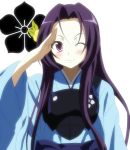  akechi_mitsuhide_(oda_nobuna_no_yabou) armor blue_hair bust hair_intakes hair_ornament long_hair miracle oda_nobuna_no_yabou purple_eyes salute smile solo violet_eyes wink 