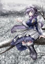  bloomers blue_eyes boots breasts dress erect_nipples grey_hair hat in_tree large_breasts letty_whiterock purple_hair scarf short_hair snow snowing solo touhou tree yana_(nekoarashi) 