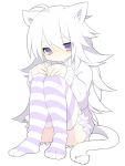  ahoge animal_ears blush cat_ears cat_tail hands_on_knees long_hair long_sleeves looking_at_viewer mofuaki_(yoshiaki) naked_sweater original purple_eyes silver_hair sitting solo striped striped_legwear sweater tail thigh-highs thighhighs violet_eyes 