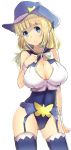  bare_shoulders blonde_hair blue_eyes blue_legwear breasts character_request cleavage cleavage_cutout contrapposto cowboy_hat eureka_seven_(series) eureka_seven_ao fleur_blanc garter_belt garter_straps hat huge_breasts long_hair magister_(bigbakunyuu) simple_background solo thigh-highs thighhighs white_background wrist_cuffs 