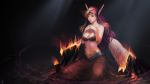  black_wings breasts burning burning_hair circlet cleavage fire highres instant-ip league_of_legends lips long_hair morgana pointy_ears purple_hair red_eyes revision seiza sitting solo widescreen wings 