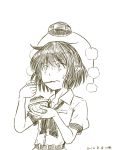  belt bowl brain_freeze dated eating hat hat_removed headwear_removed holding_spoon kawashina_(momen_silicon) monochrome pointy_ears shameimaru_aya shaved_ice short_hair sketch solo spoon sweatdrop tokin_hat touhou white_background 