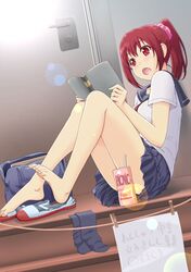  :o bag barefoot blush book bubble door feet juice_box lens_flare no_panties open_mouth original ponytail purple_hair reading red_eyes school_bag school_uniform serafuku shoes shoes_removed short_hair sign sitting skirt socks socks_removed solo suzushiro_nazuna toes translated uwabaki 