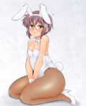  bare_shoulders between_thighs blush breasts bunny_ears bunny_tail bunnysuit cleavage detached_collar fake_animal_ears fishnet_pantyhose fishnets glasses hairband high_heels looking_at_viewer nagato_yuki pantyhose plump purple_hair rabbit_ears shoes short_hair sitting suzumiya_haruhi_no_yuuutsu tail thick_thighs thighs wrist_cuffs yellow_eyes yukirin_(nagatoyuki_ibukifuko) 