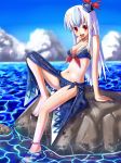  1girl :d alternate_costume anklet arm_support barefoot beach bikini blue_hair breasts cleavage cloud clouds collarbone feet_in_water front-tie_top hat jewelry kamishirasawa_keine long_hair multicolored_hair navel open_mouth red_eyes rock sarong sitting sky smile soaking_feet solo swimsuit touhou two-tone_hair water white_hair 