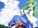  blush cloud clouds detached_sleeves frog_hair_ornament gohei green_hair hair_ornament hair_tubes hs-totyu kochiya_sanae long_hair mountain open_mouth sky snake_hair_ornament solo touhou wide_sleeves yellow_eyes 