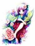  apple228 barefoot blush flower hair_flower hair_ornament hand_on_own_chest hieda_no_akyuu highres japanese_clothes kimono leg_up looking_at_viewer open_mouth purple_eyes purple_hair sash short_hair smile solo touhou traditional_media violet_eyes watercolor_(medium) wide_sleeves 