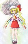  1girl blonde_hair crystal flandre_scarlet highres mary_janes puffy_sleeves red_eyes shoes short_hair short_sleeves side_ponytail smile solo standing touhou umbrella wings 