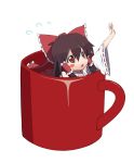  :o black_hair blush_stickers bow cup girl_in_a_cup girl_in_a_mug hair_bow hair_ornament hair_tubes hakurei_reimu in_container lunaticprince mug open_mouth reaching_out red_eyes solo touhou 