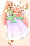 :d cake cup dress fairy fairy_(jintai) food green_eyes hat highres jinrui_wa_suitai_shimashita long_hair open_mouth pink_hair smile tcmk tea teacup watashi_(jintai) 
