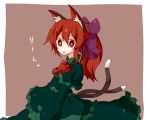  alternate_hairstyle animal_ears bad_id bow cat_ears cat_tail hair_bow kaenbyou_rin kuromari_(runia) long_hair long_sleeves multiple_tails open_mouth ponytail puffy_sleeves red_eyes red_hair redhead solo tail touhou 