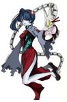  blue_skin blush breasts china_dress chinese_clothes hair_over_one_eye leviathan_(skullgirls) open_mouth red_eyes skullgirls squigly_(skullgirls) stitched_mouth 