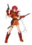  belt blue_eyes boots colt_saa cowboy_boots dual_wielding freckles fringe gemini_sunrise gloves gun handgun holster katana miniskirt official_art payot ponytail project_x_zone red_hair redhead revolver sakura_taisen sakura_taisen_v sega sheath sheathed skirt smile solo sword weapon 