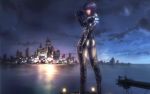  bob_cut bodysuit cityscape cloud clouds cyberpunk cyborg dusk ghost_in_the_shell ghost_in_the_shell_stand_alone_complex gun highres kusanagi_motoko looking_back purple_hair red_eyes reflection science_fiction short_hair sky skyline submachine_gun water weapon 