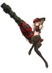  alisa_ilinichina_amiella armpits blue_eyes boots breasts cabbie_hat elbow_gloves fingerless_gloves gatling_gun gloves god_eater god_eater_burst gun hat huge_weapon long_hair official_art pantyhose plaid plaid_skirt project_x_zone skirt suspenders thigh-highs thigh_boots thighhighs under_boob underboob weapon white_hair 