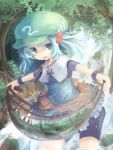  absurdres bike_shorts blue_eyes blue_hair cucumber hair_bobbles hair_ornament hat highres jewelry kawashiro_nitori key nature necklace net short_hair solo ti_owo touhou tree twintails water waterfall 