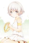 344 344_(prismlink) androgynous blush child elf flower green_eyes male original pointy_ears sandals short_hair sitting solo toga trap tunic white_hair wreath 