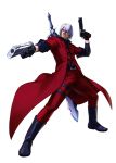  blue_eyes capcom dante devil_may_cry dual_wielding ebony_&amp;_ivory fighting_stance gloves hair_over_one_eye huge_weapon long_coat official_art open_clothes open_coat over_shoulder project_x_zone short_hair silver_hair solo sword thigh_strap weapon weapon_over_shoulder 