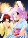  alternate_costume animal_ears brown_hair bunny_ears fireworks inaba_tewi japanese_clothes long_hair long_sleeves multiple_girls obi open_mouth photo_background pink_hair ponytail rabbit_ears red_eyes reisen_udongein_inaba sesield short_hair touhou wide_sleeves 