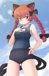  animal_ears blush bow braid buruma cat_ears cat_tail hair_bow hair_ornament hand_on_hip kaenbyou_rin mesou-san multiple_tails red_eyes red_hair redhead school_swimsuit smile solo swimsuit swimsuit_under_clothes tail touhou twin_braids twintails 