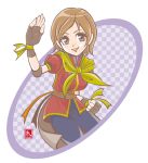  1girl amelie brown_eyes brown_hair checkered checkered_background chinese_clothes eileen elbow_pads fingerless_gloves gloves solo virtua_fighter virtua_fighter_5 