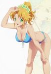  absurdres arm_up artist_request bent_over bikini blonde_hair blue_bikini blush body_blush breasts cleavage front-tie_top green_eyes highres large_breasts minisuka_police_2 open_mouth ponytail side-tie_bikini strap_gap swimsuit swimsuit v zoom_layer 