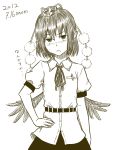  belt blush dated hand_on_hip hat kawashina_(momen_silicon) monochrome pointy_ears rough shameimaru_aya shirt short_hair simple_background solo tokin_hat touhou translation_request white_background wings 