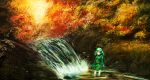  autumn_leaves backpack bag blue_eyes forest green_hair hair_ornament hat highres hone_(sss-sig) jewelry kappa kawashiro_nitori leaf nature necklace short_hair skirt smile solo touhou tree twintails water waterfall 