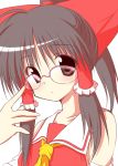  ascot bespectacled blush bow bust detached_sleeves glasses hair_bow hair_tubes hakurei_reimu long_hair nirap payot pink-framed_glasses ponytail solo touhou 