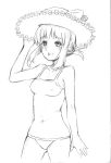  bare_shoulders breasts fate/stay_night fate_(series) gebyy-terar graphite_(medium) hair_bun hat monochrome one-piece_swimsuit payot saber short_hair smile solo sun_hat swimsuit traditional_media 