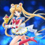  bishoujo_senshi_sailor_moon blonde_hair blue_background blue_eyes boots bow brooch choker double_bun earrings gloves hair_ornament hairpin jewelry long_hair magical_girl pleated_skirt ribbon sailor_collar sailor_moon shirataki_kaiseki skirt smile solo standing_on_one_leg super_sailor_moon tiara tsukino_usagi twintails 